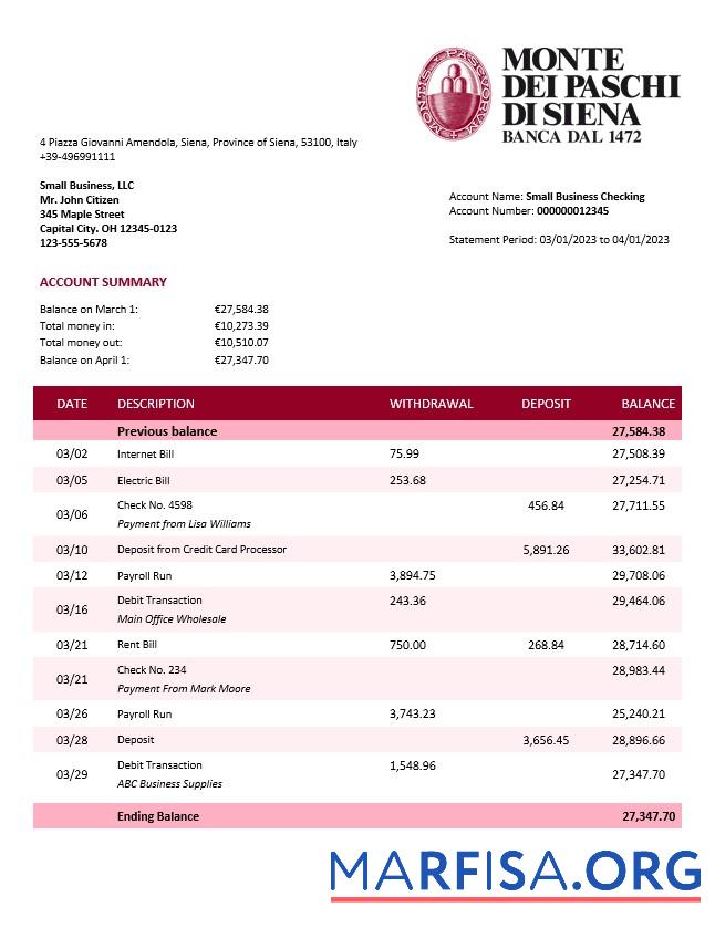 Downloadable Monte dei Paschi di Siena firm account statement Word and PDF template